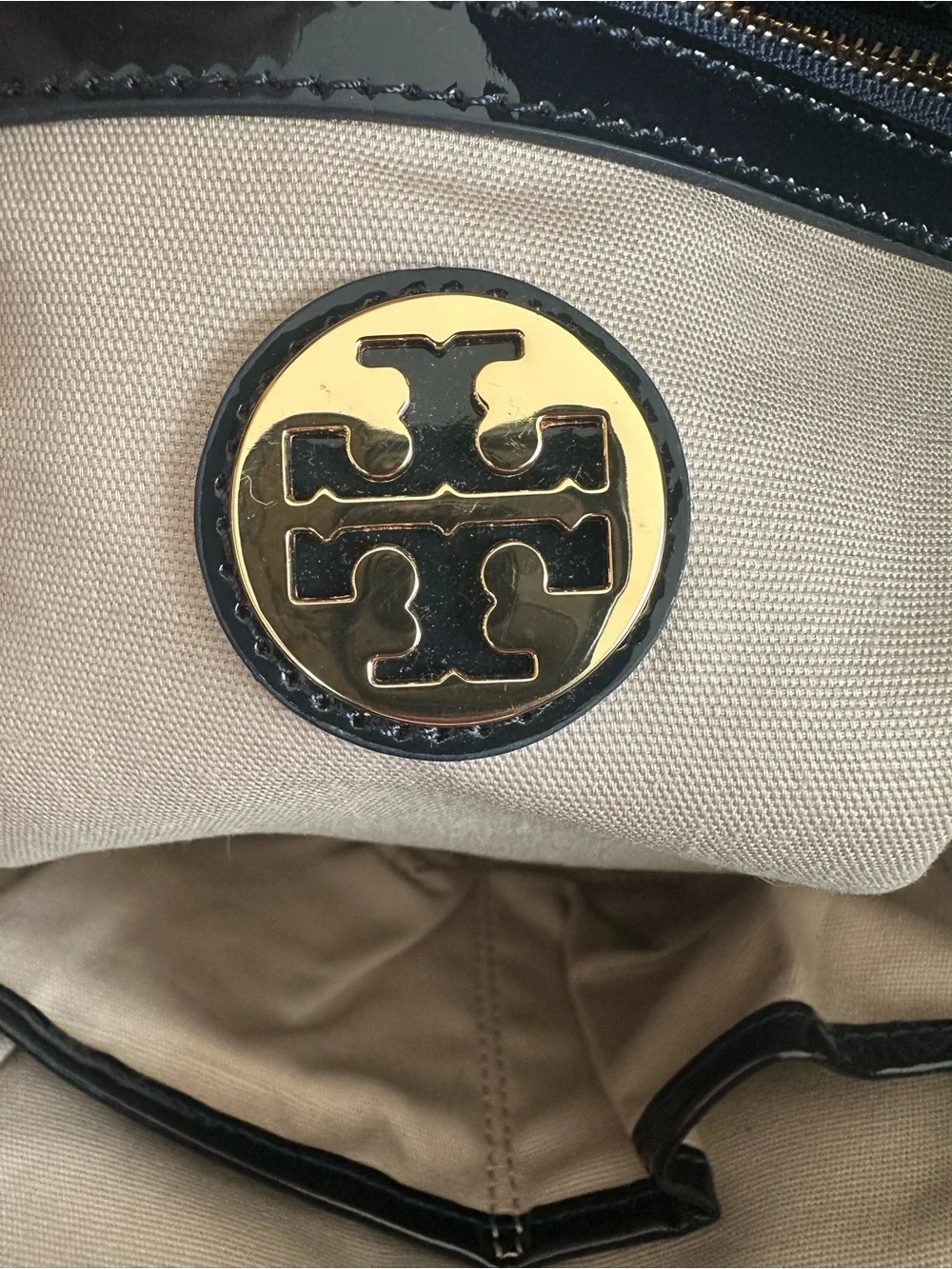 Tory Burch Large Perforated Logo Navy Blue Patent Leather Bombe Tote